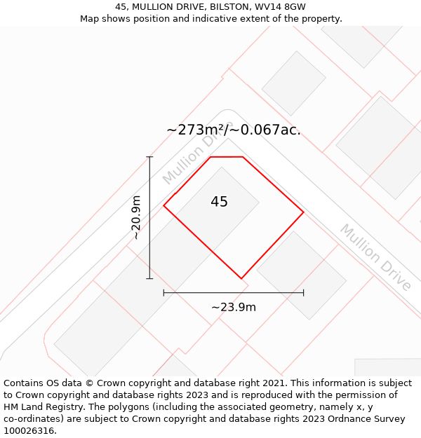 45, MULLION DRIVE, BILSTON, WV14 8GW: Plot and title map