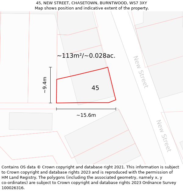 45, NEW STREET, CHASETOWN, BURNTWOOD, WS7 3XY: Plot and title map