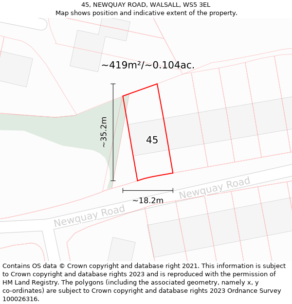 45, NEWQUAY ROAD, WALSALL, WS5 3EL: Plot and title map