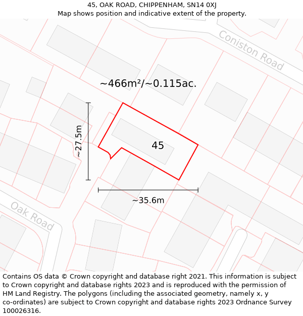 45, OAK ROAD, CHIPPENHAM, SN14 0XJ: Plot and title map