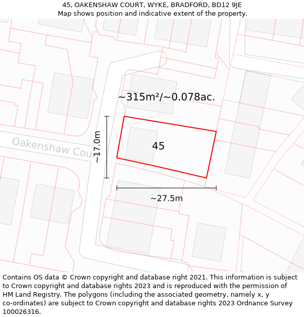 45, OAKENSHAW COURT, WYKE, BRADFORD, BD12 9JE: Plot and title map