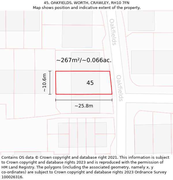 45, OAKFIELDS, WORTH, CRAWLEY, RH10 7FN: Plot and title map