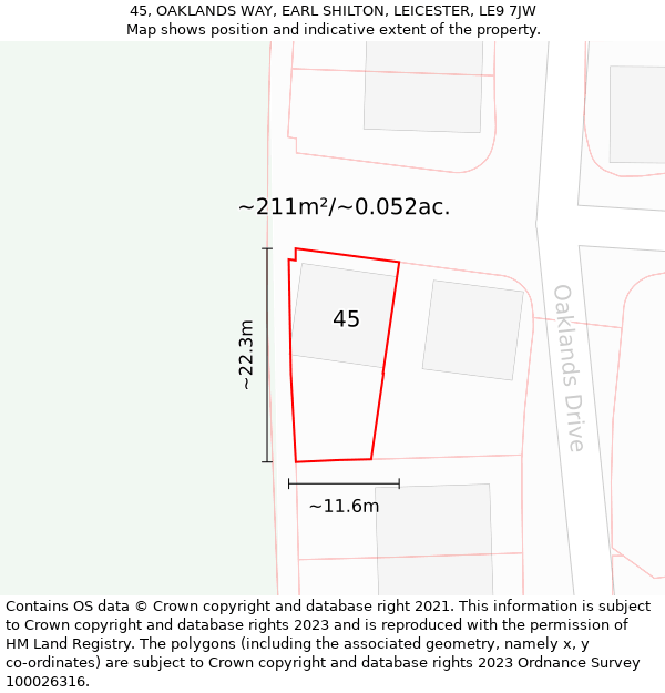 45, OAKLANDS WAY, EARL SHILTON, LEICESTER, LE9 7JW: Plot and title map