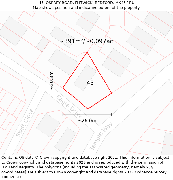 45, OSPREY ROAD, FLITWICK, BEDFORD, MK45 1RU: Plot and title map