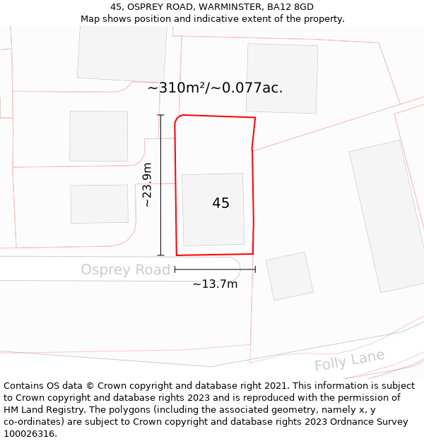 45, OSPREY ROAD, WARMINSTER, BA12 8GD: Plot and title map