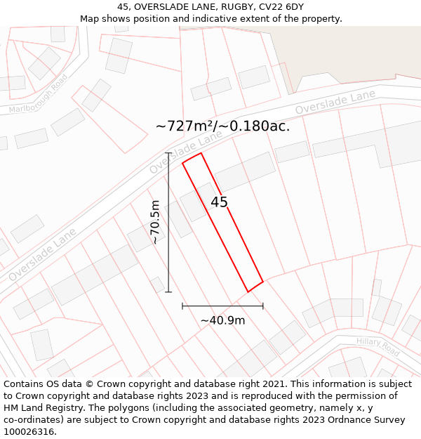 45, OVERSLADE LANE, RUGBY, CV22 6DY: Plot and title map