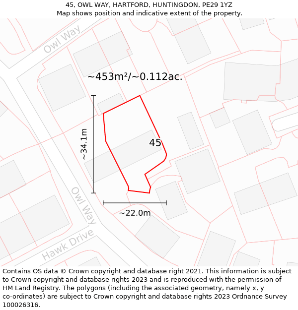 45, OWL WAY, HARTFORD, HUNTINGDON, PE29 1YZ: Plot and title map