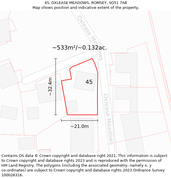 45, OXLEASE MEADOWS, ROMSEY, SO51 7AB: Plot and title map