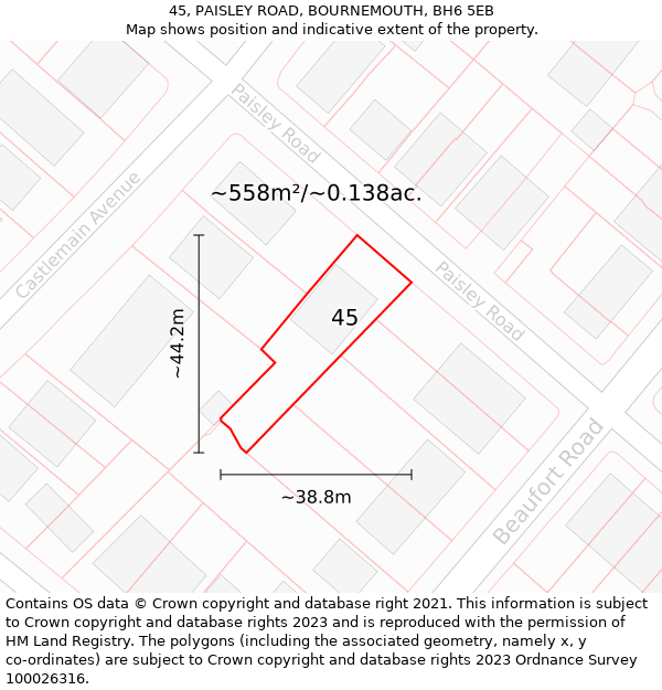 45, PAISLEY ROAD, BOURNEMOUTH, BH6 5EB: Plot and title map