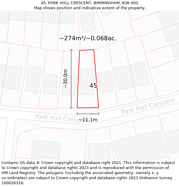 45, PARK HALL CRESCENT, BIRMINGHAM, B36 9SG: Plot and title map