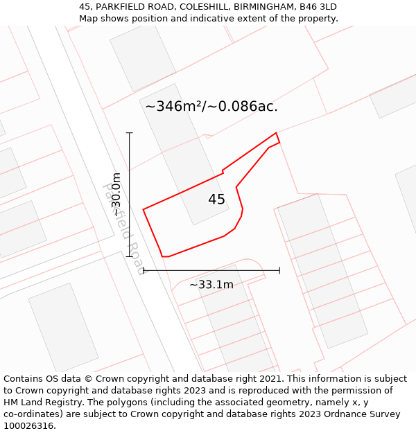 45, PARKFIELD ROAD, COLESHILL, BIRMINGHAM, B46 3LD: Plot and title map