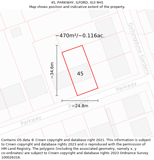 45, PARKWAY, ILFORD, IG3 9HS: Plot and title map