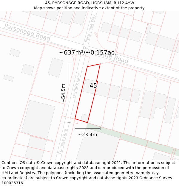 45, PARSONAGE ROAD, HORSHAM, RH12 4AW: Plot and title map