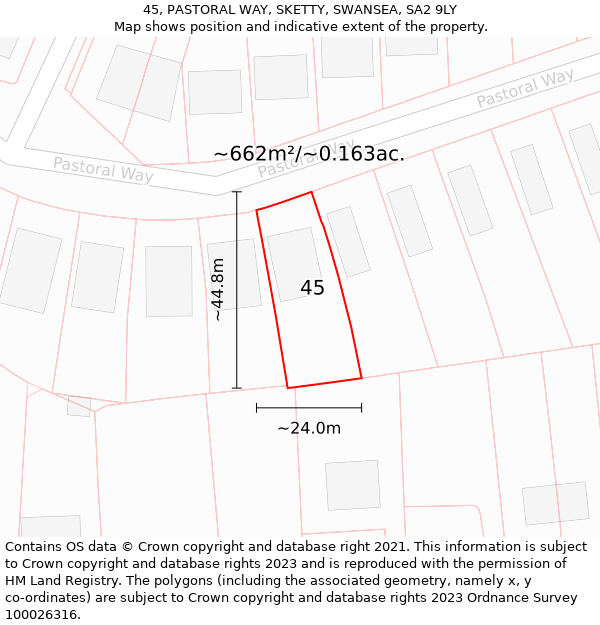 45, PASTORAL WAY, SKETTY, SWANSEA, SA2 9LY: Plot and title map