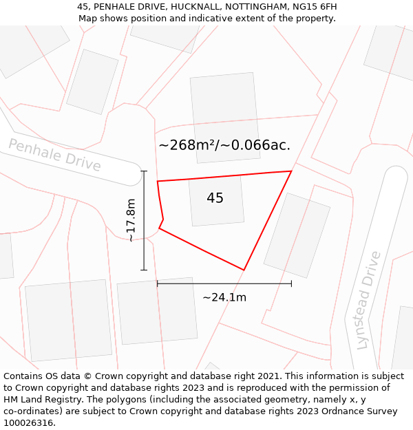 45, PENHALE DRIVE, HUCKNALL, NOTTINGHAM, NG15 6FH: Plot and title map