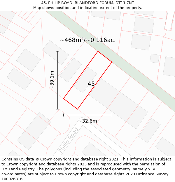 45, PHILIP ROAD, BLANDFORD FORUM, DT11 7NT: Plot and title map