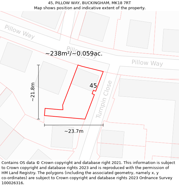 45, PILLOW WAY, BUCKINGHAM, MK18 7RT: Plot and title map