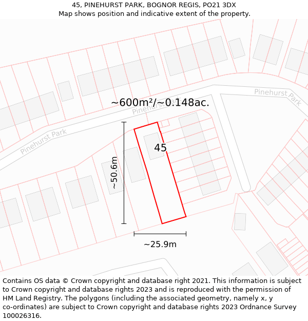 45, PINEHURST PARK, BOGNOR REGIS, PO21 3DX: Plot and title map