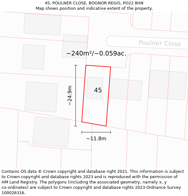 45, POULNER CLOSE, BOGNOR REGIS, PO22 8HN: Plot and title map