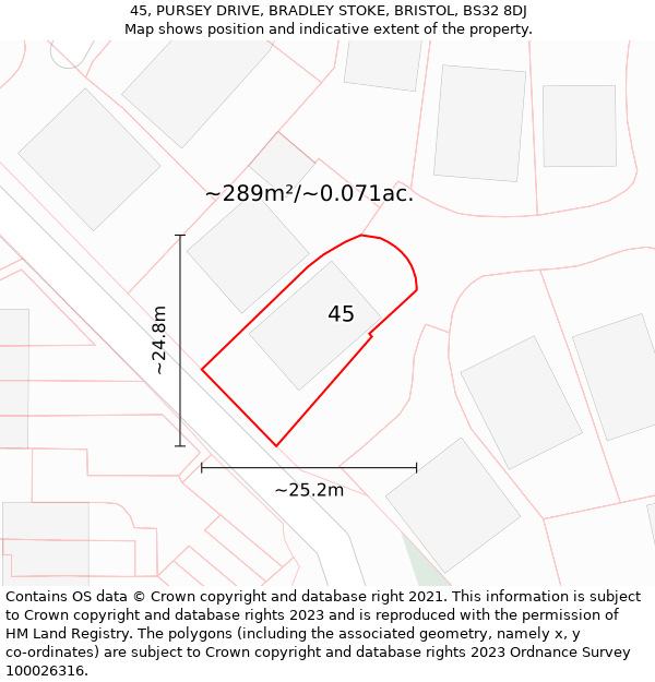 45, PURSEY DRIVE, BRADLEY STOKE, BRISTOL, BS32 8DJ: Plot and title map