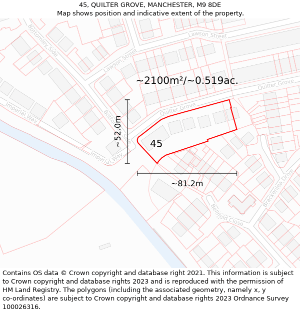 45, QUILTER GROVE, MANCHESTER, M9 8DE: Plot and title map