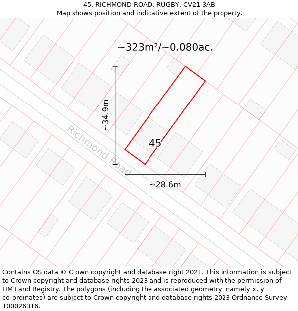 45, RICHMOND ROAD, RUGBY, CV21 3AB: Plot and title map