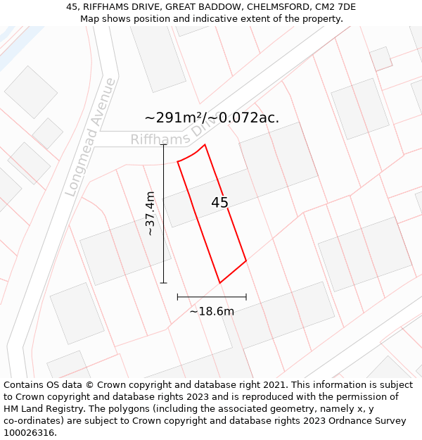 45, RIFFHAMS DRIVE, GREAT BADDOW, CHELMSFORD, CM2 7DE: Plot and title map