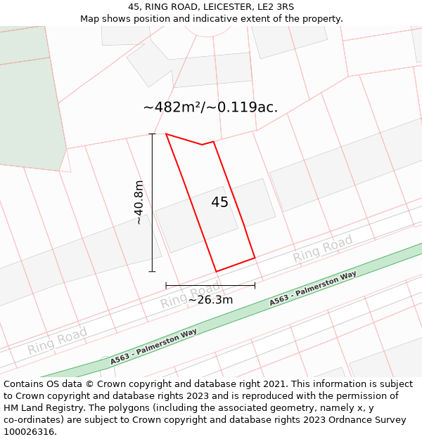 45, RING ROAD, LEICESTER, LE2 3RS: Plot and title map