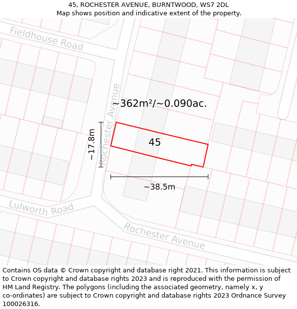 45, ROCHESTER AVENUE, BURNTWOOD, WS7 2DL: Plot and title map