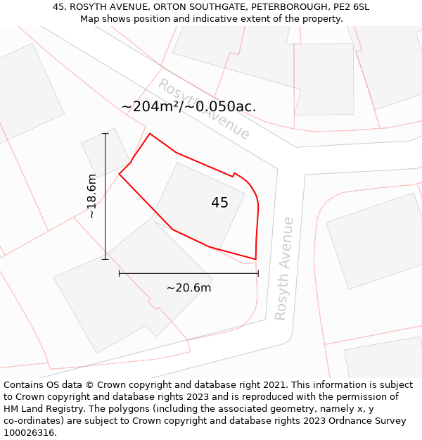 45, ROSYTH AVENUE, ORTON SOUTHGATE, PETERBOROUGH, PE2 6SL: Plot and title map