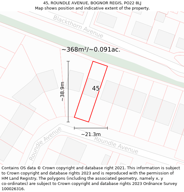 45, ROUNDLE AVENUE, BOGNOR REGIS, PO22 8LJ: Plot and title map