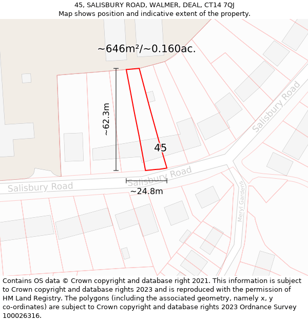 45, SALISBURY ROAD, WALMER, DEAL, CT14 7QJ: Plot and title map