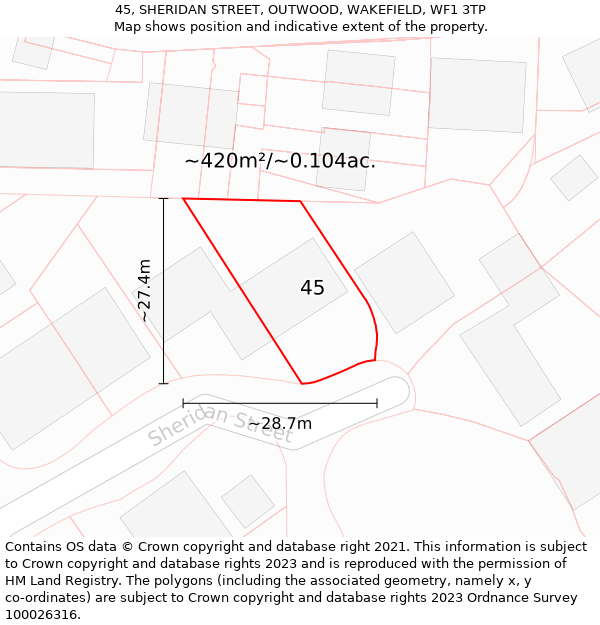 45, SHERIDAN STREET, OUTWOOD, WAKEFIELD, WF1 3TP: Plot and title map