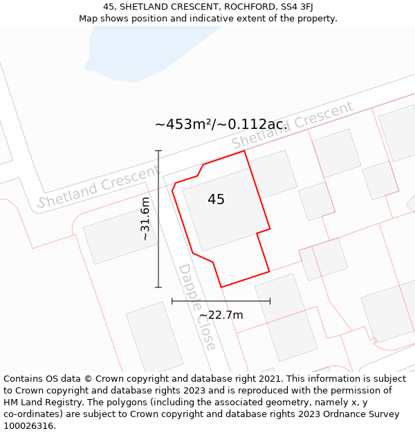 45, SHETLAND CRESCENT, ROCHFORD, SS4 3FJ: Plot and title map