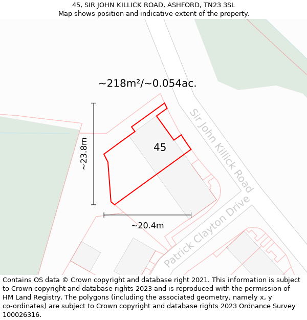 45, SIR JOHN KILLICK ROAD, ASHFORD, TN23 3SL: Plot and title map