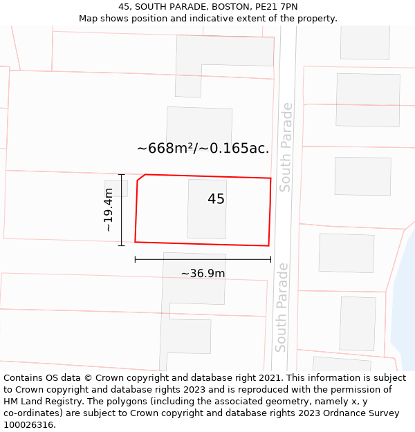 45, SOUTH PARADE, BOSTON, PE21 7PN: Plot and title map