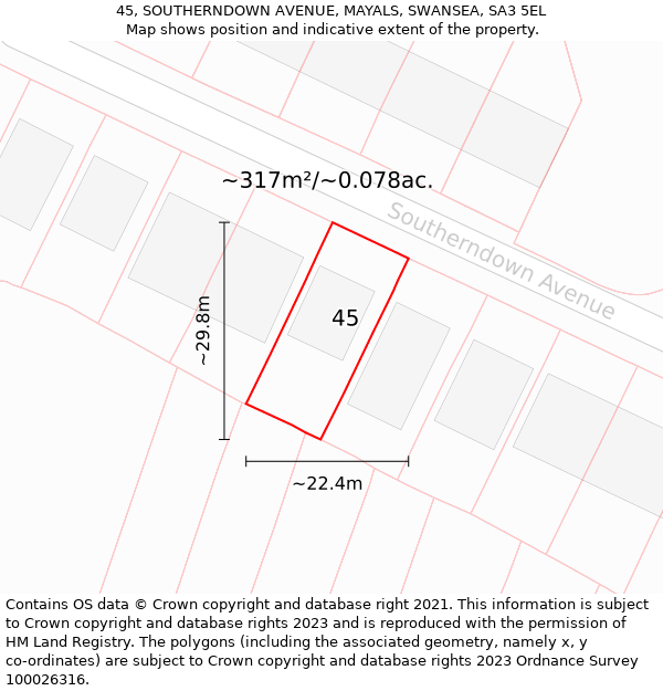 45, SOUTHERNDOWN AVENUE, MAYALS, SWANSEA, SA3 5EL: Plot and title map