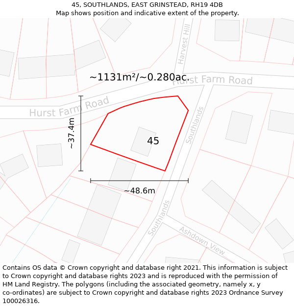 45, SOUTHLANDS, EAST GRINSTEAD, RH19 4DB: Plot and title map