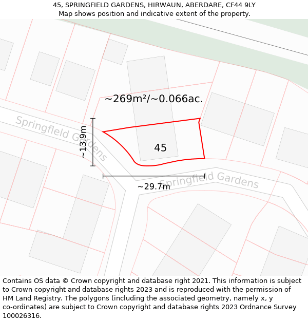 45, SPRINGFIELD GARDENS, HIRWAUN, ABERDARE, CF44 9LY: Plot and title map