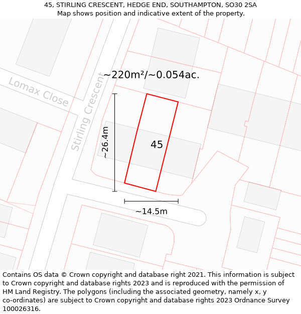 45, STIRLING CRESCENT, HEDGE END, SOUTHAMPTON, SO30 2SA: Plot and title map