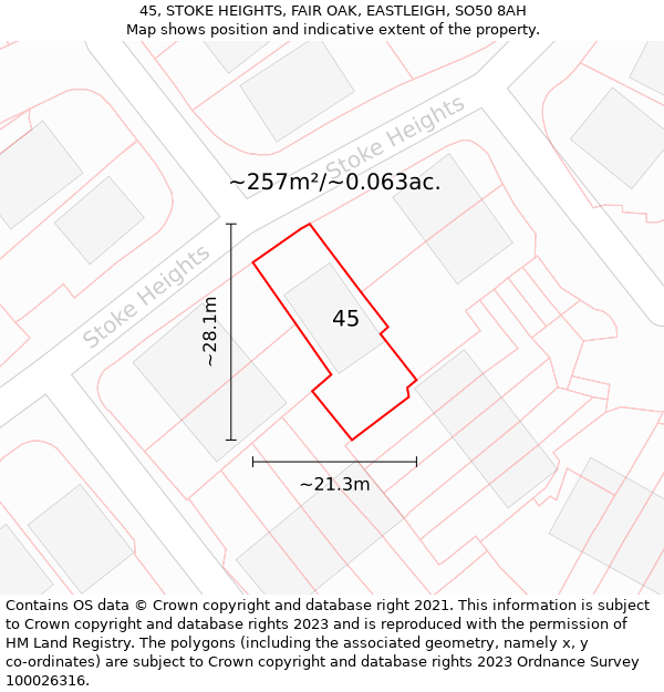 45, STOKE HEIGHTS, FAIR OAK, EASTLEIGH, SO50 8AH: Plot and title map