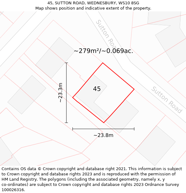 45, SUTTON ROAD, WEDNESBURY, WS10 8SG: Plot and title map