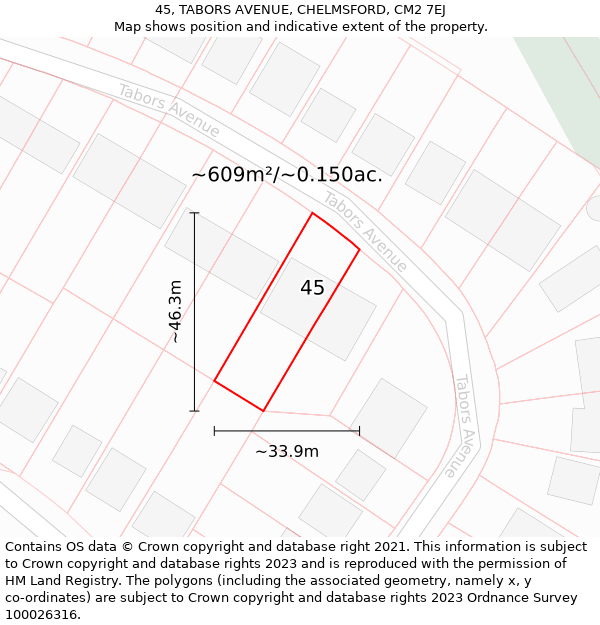 45, TABORS AVENUE, CHELMSFORD, CM2 7EJ: Plot and title map