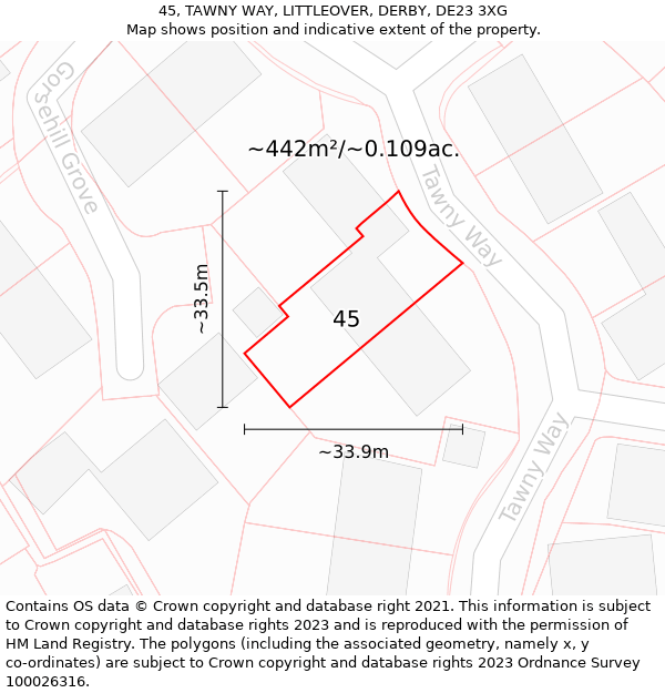 45, TAWNY WAY, LITTLEOVER, DERBY, DE23 3XG: Plot and title map