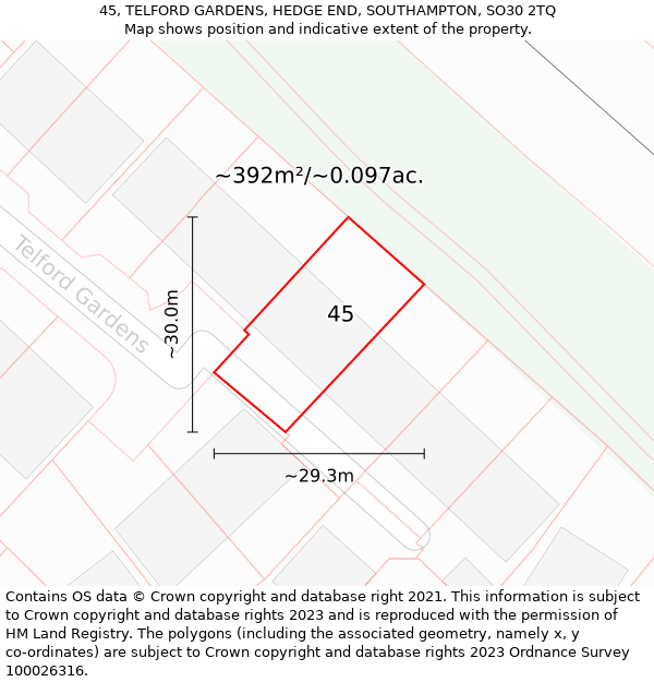 45, TELFORD GARDENS, HEDGE END, SOUTHAMPTON, SO30 2TQ: Plot and title map