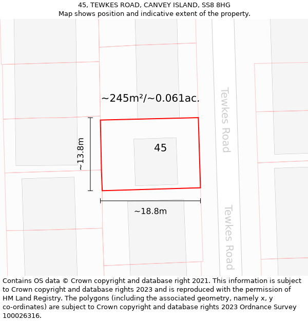 45, TEWKES ROAD, CANVEY ISLAND, SS8 8HG: Plot and title map