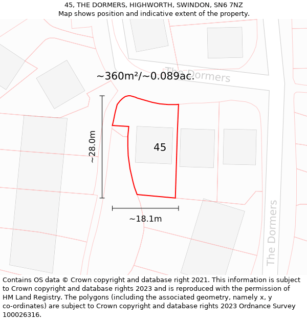 45, THE DORMERS, HIGHWORTH, SWINDON, SN6 7NZ: Plot and title map