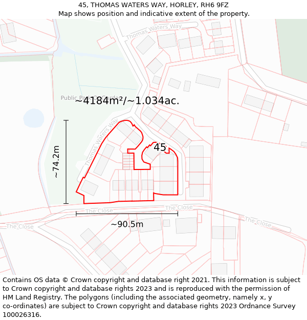 45, THOMAS WATERS WAY, HORLEY, RH6 9FZ: Plot and title map