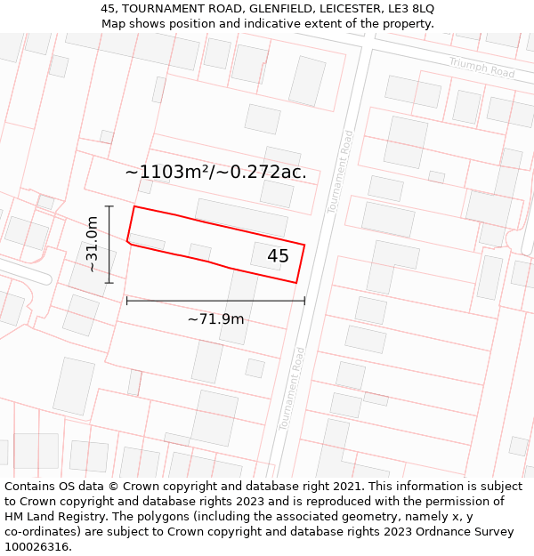 45, TOURNAMENT ROAD, GLENFIELD, LEICESTER, LE3 8LQ: Plot and title map