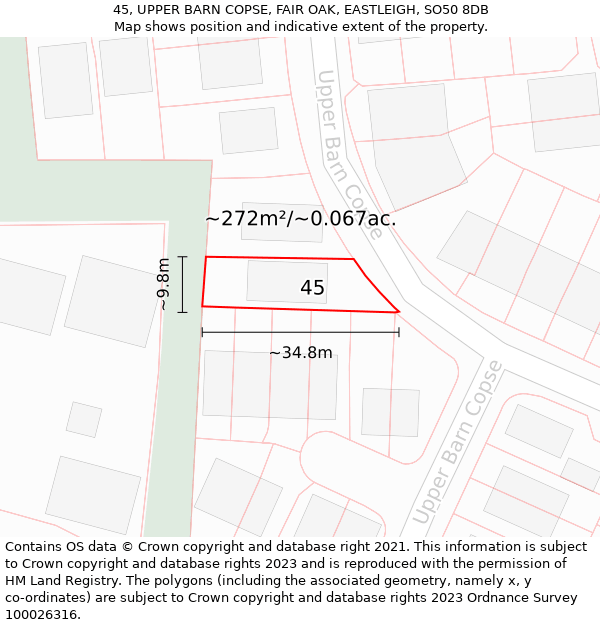 45, UPPER BARN COPSE, FAIR OAK, EASTLEIGH, SO50 8DB: Plot and title map